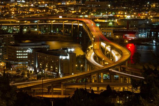 City of Portland Light Trails on Marquam Freeway at Night