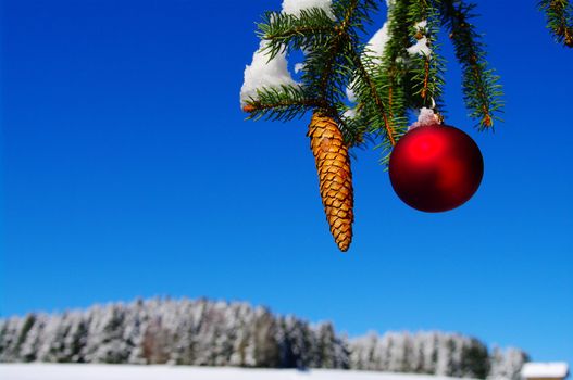 bauble and fir cone on a Christmas tree outside in a snowy landscape...