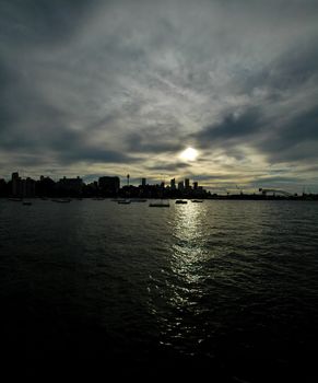 dusk in sydney, sydney tower and harbour bridge visible, photo stitched from three photos, retouched