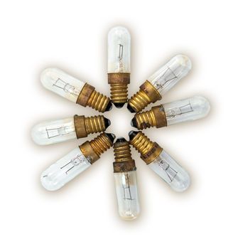 8 old burn out bulbs, white background, picture should contain clipping path