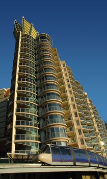 monorail in Sydney, blue train, photo taken near Darling Harbour.