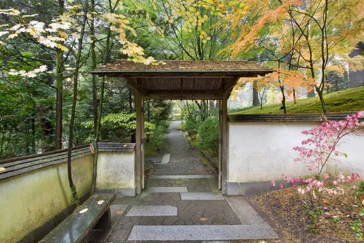 Gate and Pathway in Japanese Garden in the Fall Season