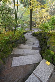 Stone Steps Stairs in Japanese Garden in Fall Season