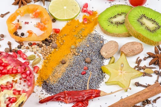 Colorful spices on a white background - beautiful kitchen image.