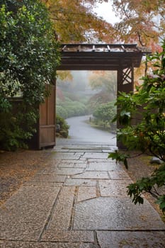 Stone Path in Japanese Garden Foggy Morning in Fall