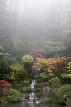 Waterfall at Japanese Garden in Fall Foggy Morning