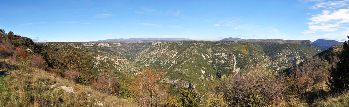 panorama of Cevennes Mountains with a blue sky