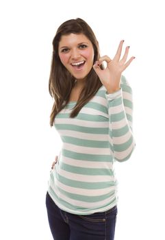 Pretty Smiling Ethnic Female with Okay Hand Sign Isolated on a White Background.