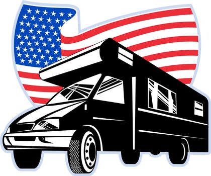 graphic design illustration of a Camper van with american with stars and stripes flag isolated on white viewed 
from low angle done in retro style