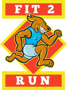 cartoon illustration of a Dog running jogging with shield in background with wording " fit 2 run"