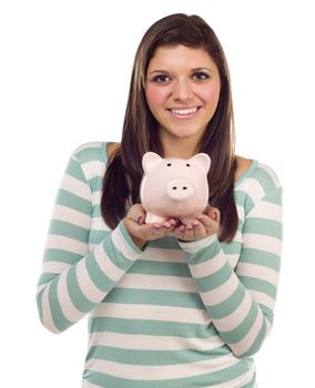 Pretty Ethnic Female Holding Pink Piggy Bank Isolated on a White Background.