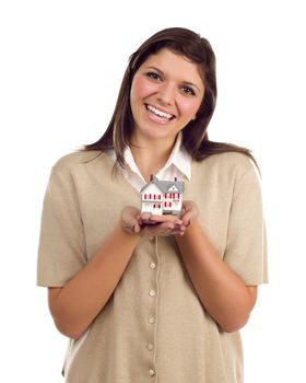 Pretty Smiling Ethnic Female with Small House Isolated on a White Background.