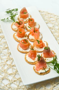 Canape with Salmon on white dish