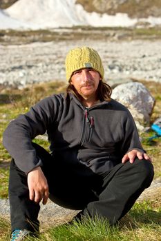 Portrait of fririder in Caucasus mountains in summer