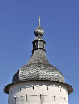 Wooden bulb-shaped cupola of ancient tower of Kremlin in Rostov The Great, Russia