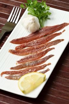 fillet of anchovies with some ingredients on white dish