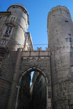 The city of Genoa with its palace, skyscraper and the acient quarter 