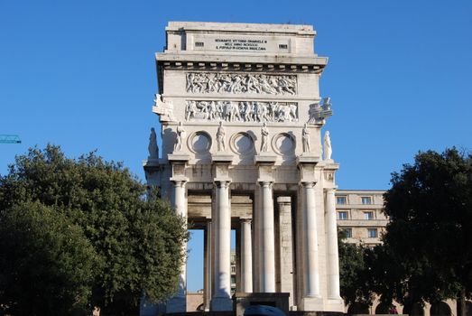 The city of Genoa with its palace, skyscraper and the acient quarter 