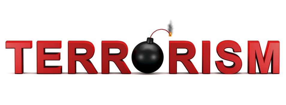 3d text TERRORISM with activated bomb instead letter O