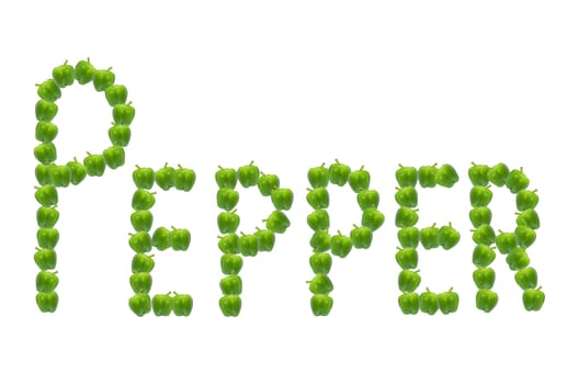 The word 'pepper' spelled out using many green peppers.