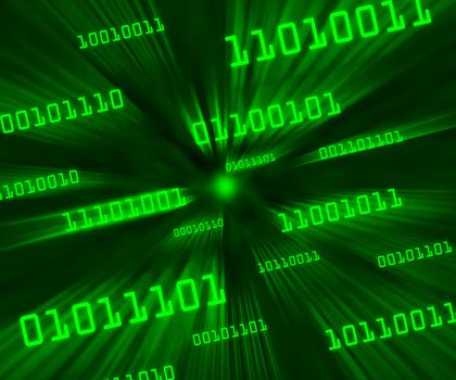 Green bytes of binary code flying through a vortex on an angle
