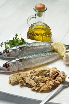 mackerel fiillet with fresh ingredients on white dish