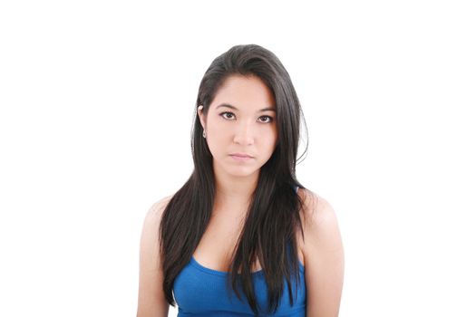 close up portrait of a pretty young woman with serious face