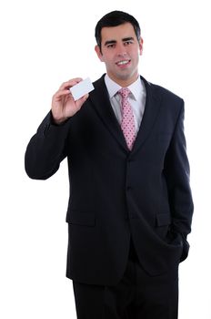 Businessman smiling holding a business card