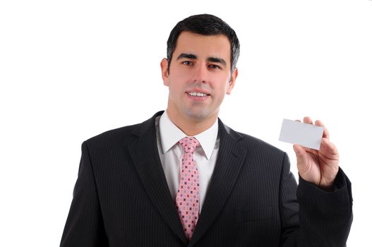 Businessman smiling holding a business card