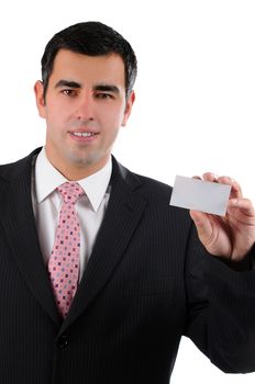 Businessman smiling holding a business card