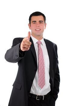 Portrait of a young businessman in a dark suit with his finger pointing forward