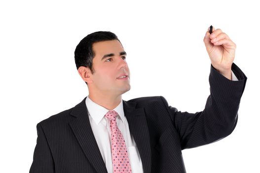 A close up of a businessman writing on glass