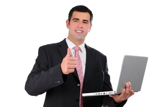 Close up of young businessman holding laptop with thumb up