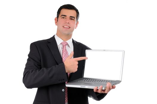 Close up of young businessman holding laptop