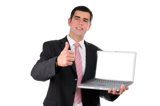 Close up of young businessman holding laptop