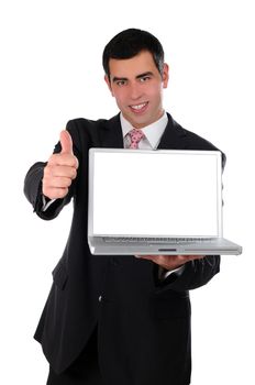 Close up of young businessman holding laptop