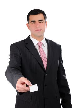 Businessman smiling handing a business card