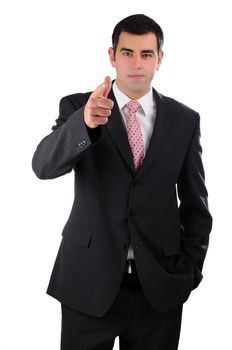 Portrait of a young businessman in a dark suit with his finger pointing forward
