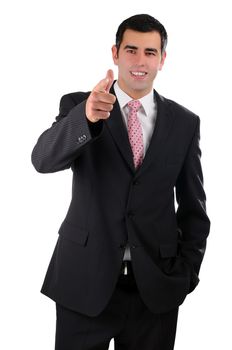 Portrait of a young cheerful businessman in a dark suit with his finger pointing forward