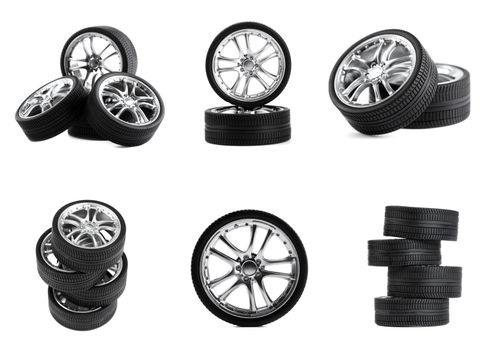 Car wheels on white background. Set.