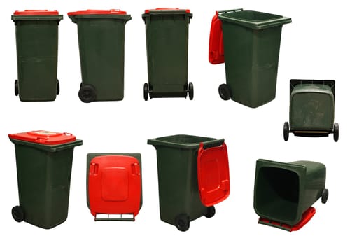 several red garbage bins isolated on white background