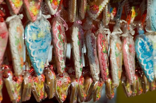 several sweat gingerbread hearts, painted with different colour, local marketplace in Humenne, Slovakia