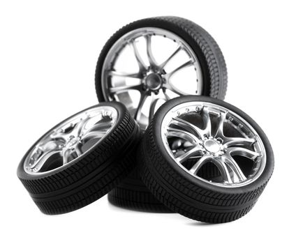 Car wheels on white background.