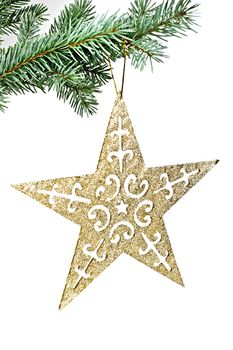 Isolated on a white background spruce twig, the Christmas star.