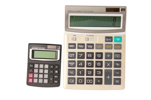 Two  calculator, large and small, isolated on a white background.