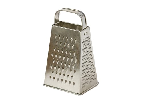 The metal grater with a handle, isolated on a white background.