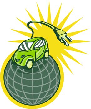 illustration of a Green electric car on top of world with plug coming out isolated on white