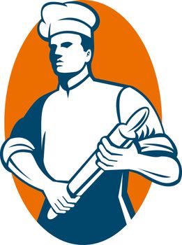  illustration of a Chef cook or baker standing with rolling pin done in retro style. 