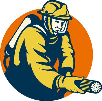 illustration of a Firefighter or fireman aiming a fire hose set inside a circle done in retro style