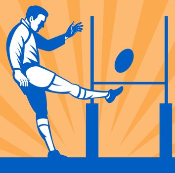 illustration of a Rugby player kicking ball at goal post